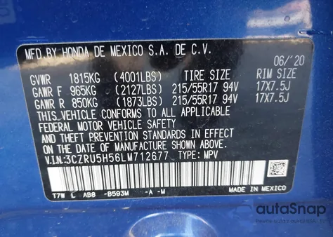 2020 Honda Hr-V 2Wd Ex из США, поврежденный, VIN 3CZRU5H56LM712677